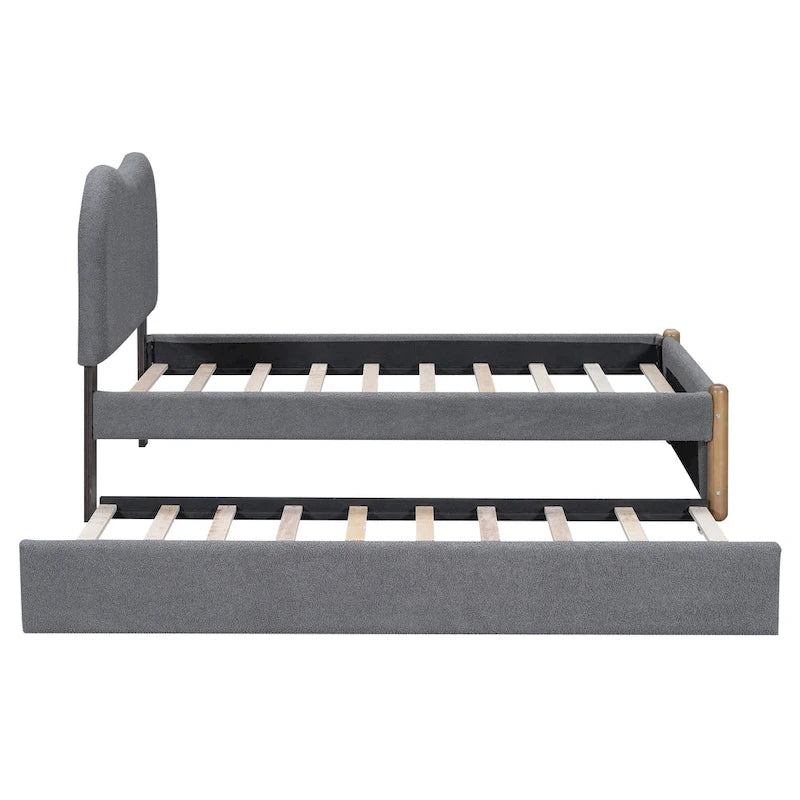 Lit plateforme capitonné double avec pieds de support en bois et lit gigogne double, gris