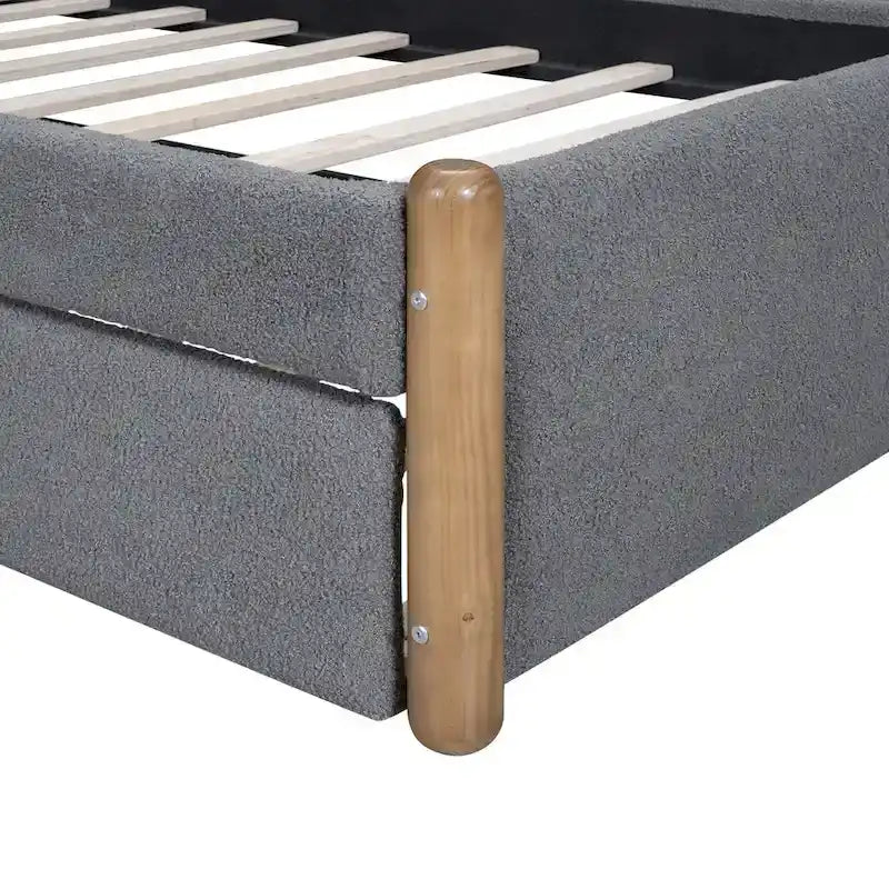 Lit plateforme capitonné double avec pieds de support en bois et lit gigogne double, gris