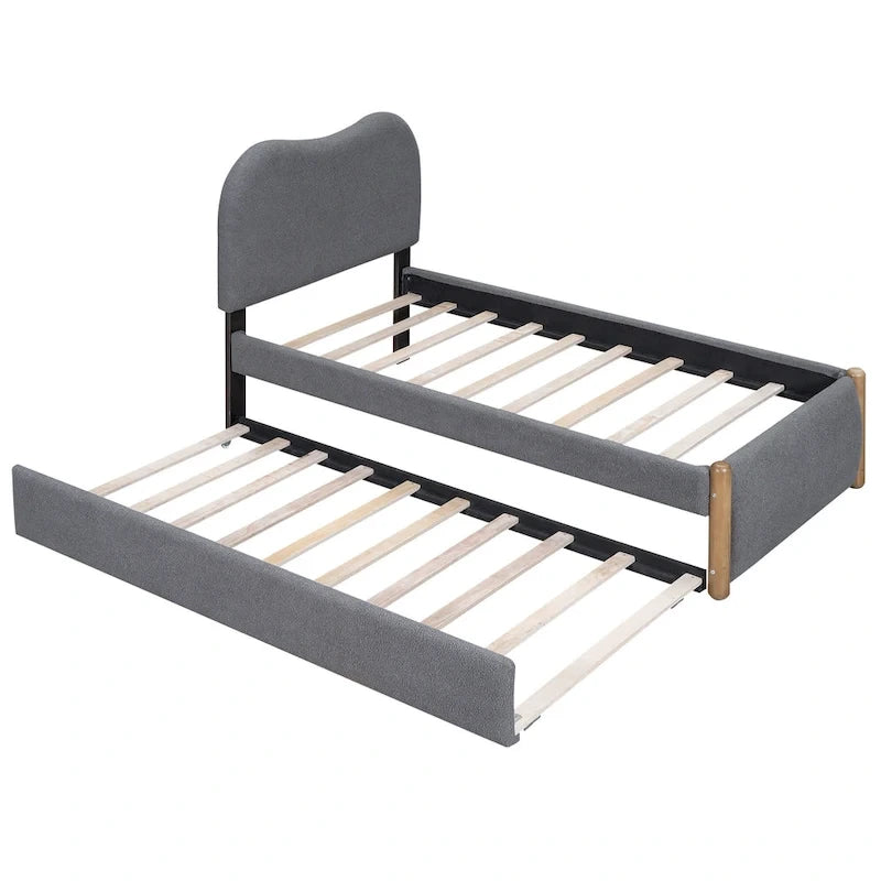 Lit plateforme capitonné double avec pieds de support en bois et lit gigogne double, gris