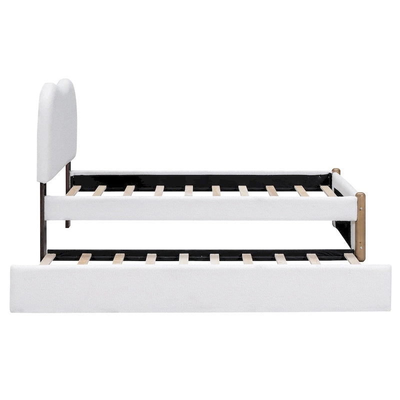 Lit plateforme capitonné double avec pieds de support en bois et lit gigogne double, gris