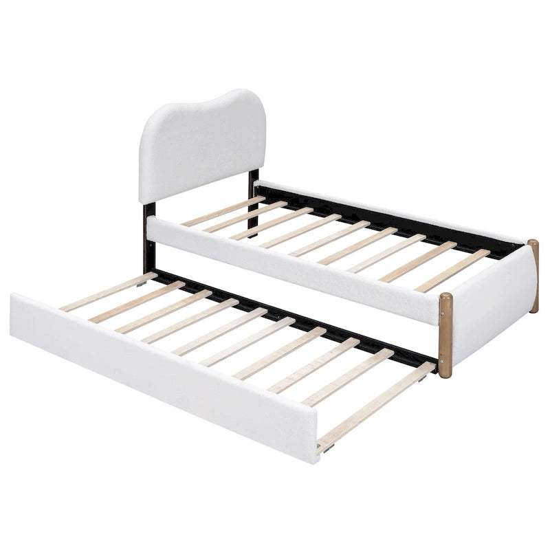Lit plateforme capitonné double avec pieds de support en bois et lit gigogne double, gris