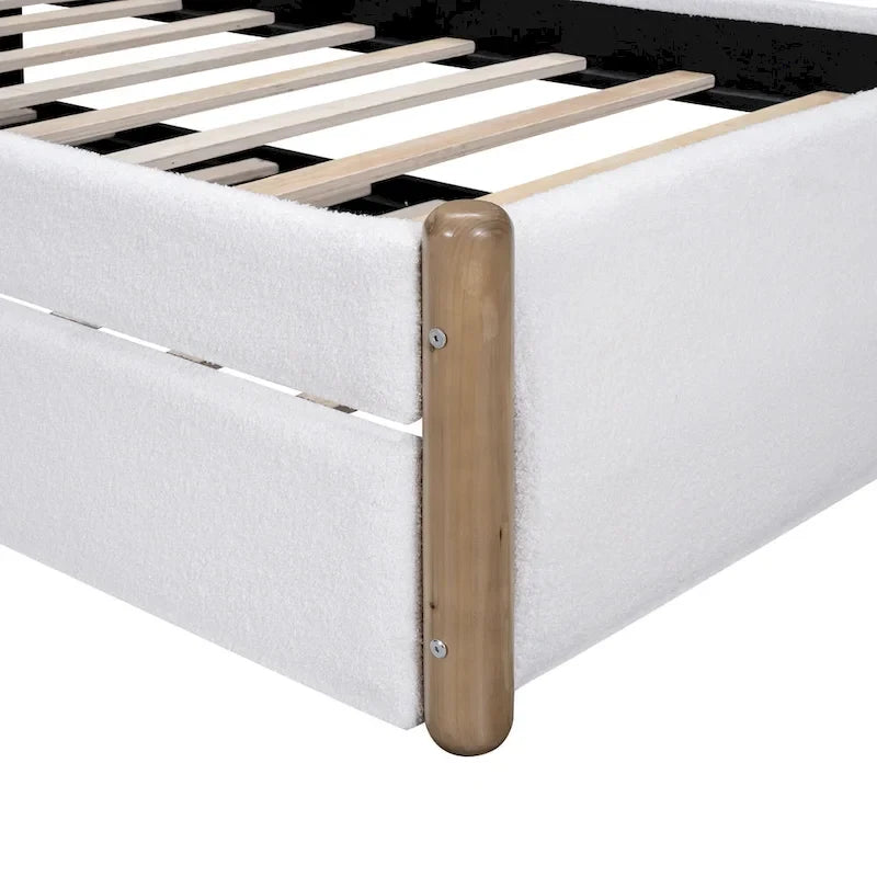 Lit plateforme capitonné double avec pieds de support en bois et lit gigogne double, gris