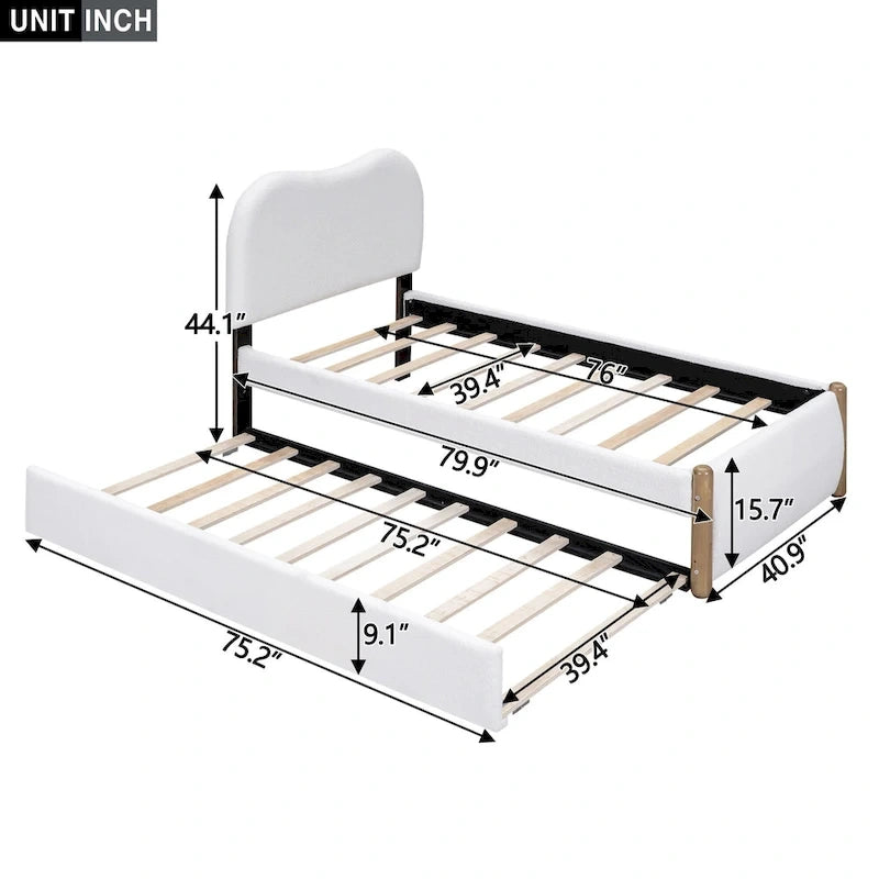 Lit plateforme capitonné double avec pieds de support en bois et lit gigogne double, gris