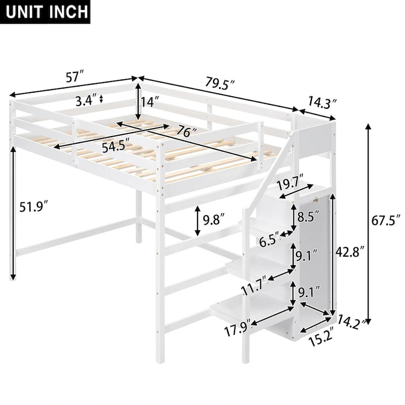 Lit mezzanine pleine grandeur avec armoire de rangement intégrée et escalier, gris