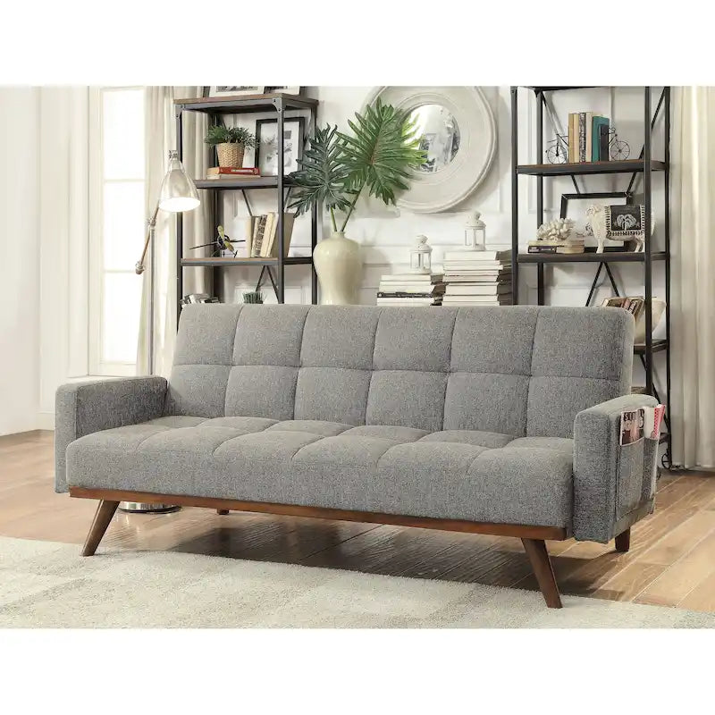 Futon Vaughn en lin gris à capitonnage style biscuit, au design moderne du milieu du siècle