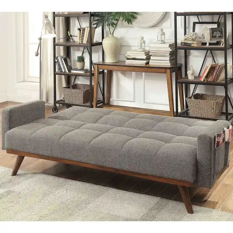 Futon Vaughn en lin gris à capitonnage style biscuit, au design moderne du milieu du siècle