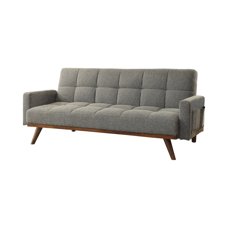 Futon Vaughn en lin gris à capitonnage style biscuit, au design moderne du milieu du siècle