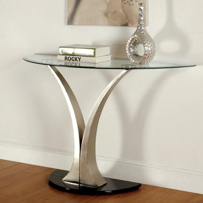 Wuct Modern Silver 46-inch Metal Half-moon Pedestal Sofa Table with Glass Top by 