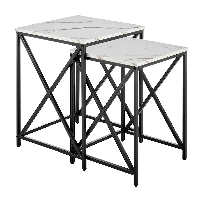 Tables gigognes modernes avec plateau en placage d'effet marbre et cadre en métal noir - Lot de 2