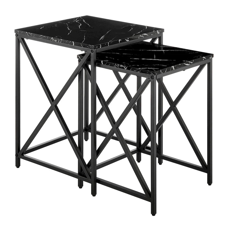Tables gigognes modernes avec plateau en placage d'effet marbre et cadre en métal noir - Lot de 2