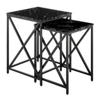 Tables gigognes modernes avec plateau en placage d'effet marbre et cadre en métal noir - Lot de 2