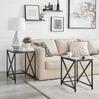 Tables gigognes modernes avec plateau en placage d'effet marbre et cadre en métal noir - Lot de 2