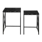 Tables gigognes modernes avec plateau en placage d'effet marbre et cadre en métal noir - Lot de 2