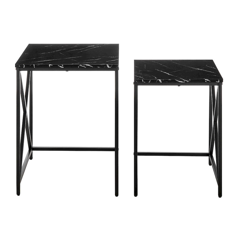 Tables gigognes modernes avec plateau en placage d'effet marbre et cadre en métal noir - Lot de 2