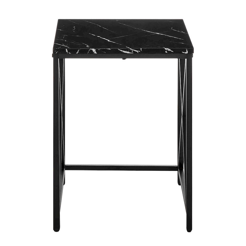 Tables gigognes modernes avec plateau en placage d'effet marbre et cadre en métal noir - Lot de 2