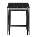 Tables gigognes modernes avec plateau en placage d'effet marbre et cadre en métal noir - Lot de 2