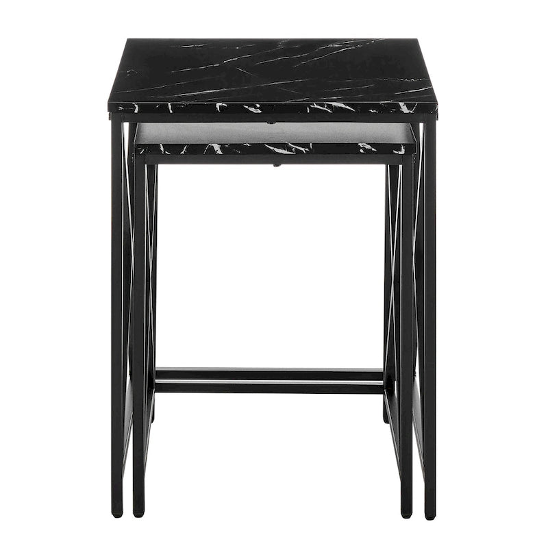 Tables gigognes modernes avec plateau en placage d'effet marbre et cadre en métal noir - Lot de 2
