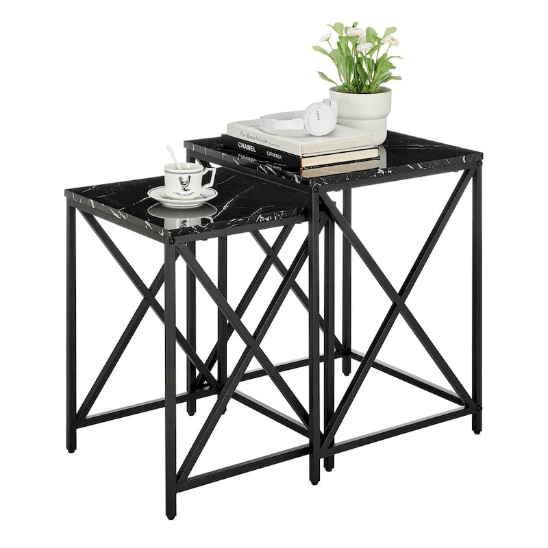 Tables gigognes modernes avec plateau en placage d'effet marbre et cadre en métal noir - Lot de 2
