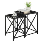 Tables gigognes modernes avec plateau en placage d'effet marbre et cadre en métal noir - Lot de 2