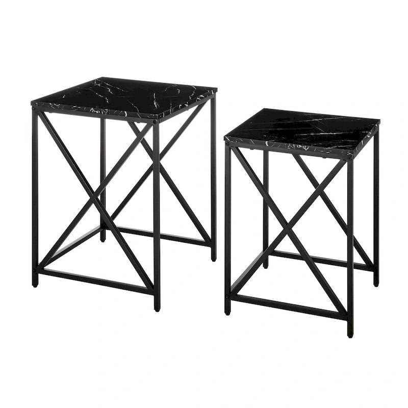 Tables gigognes modernes avec plateau en placage d'effet marbre et cadre en métal noir - Lot de 2