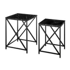 Tables gigognes modernes avec plateau en placage d'effet marbre et cadre en métal noir - Lot de 2