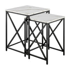 Tables gigognes modernes avec plateau en placage d'effet marbre et cadre en métal noir - Lot de 2
