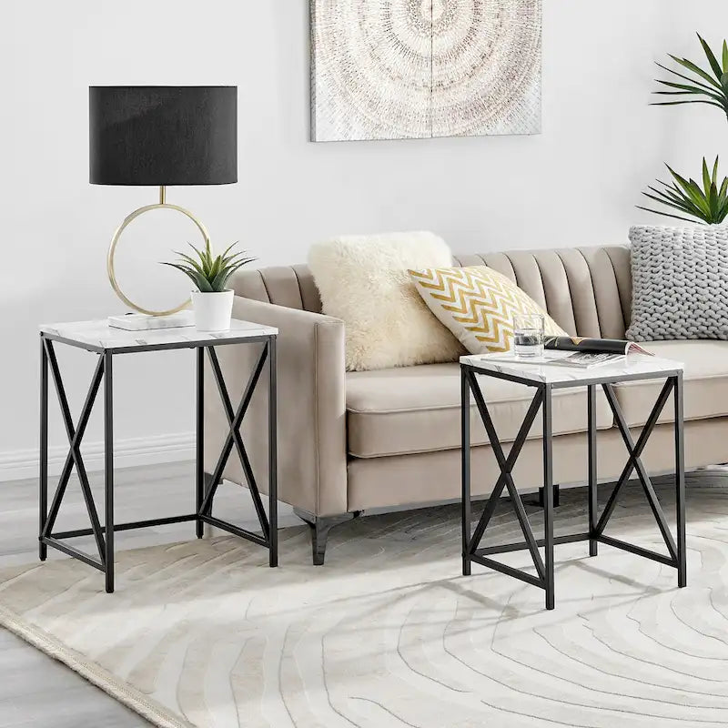 Tables gigognes modernes avec plateau en placage d'effet marbre et cadre en métal noir - Lot de 2