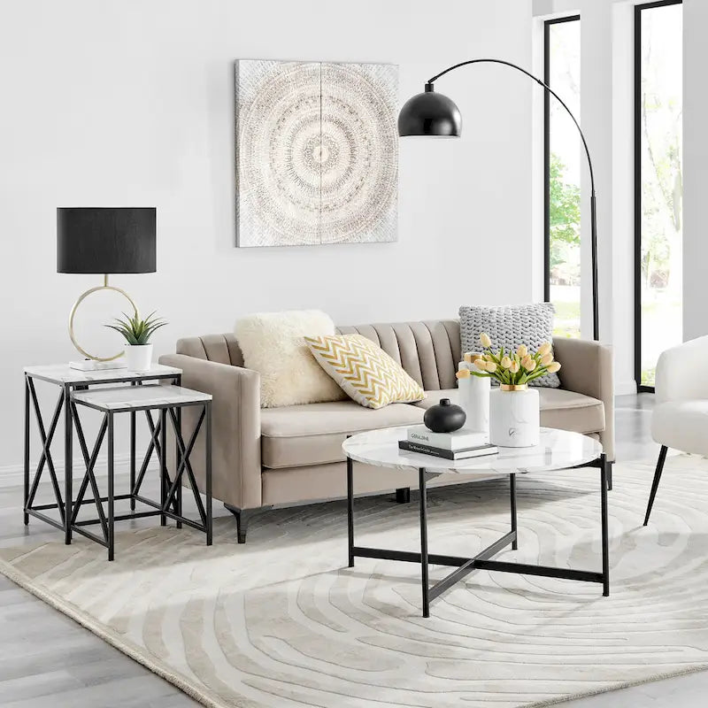 Tables gigognes modernes avec plateau en placage d'effet marbre et cadre en métal noir - Lot de 2