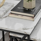 Tables gigognes modernes avec plateau en placage d'effet marbre et cadre en métal noir - Lot de 2