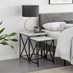 Tables gigognes modernes avec plateau en placage d'effet marbre et cadre en métal noir - Lot de 2