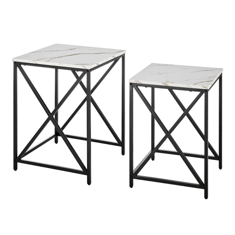 Tables gigognes modernes avec plateau en placage d'effet marbre et cadre en métal noir - Lot de 2