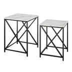 Tables gigognes modernes avec plateau en placage d'effet marbre et cadre en métal noir - Lot de 2