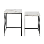 Tables gigognes modernes avec plateau en placage d'effet marbre et cadre en métal noir - Lot de 2
