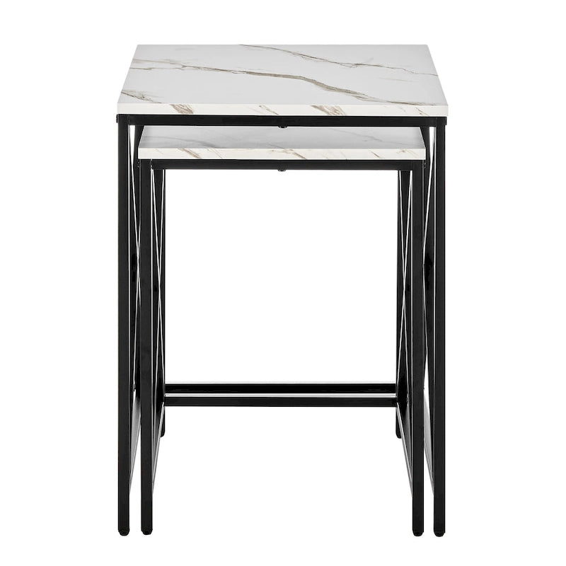 Tables gigognes modernes avec plateau en placage d'effet marbre et cadre en métal noir - Lot de 2