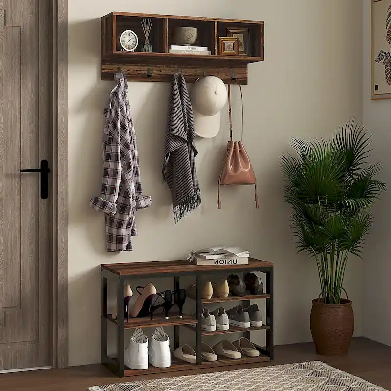 HOMCOM Ensemble Meuble d'entrée 2-en-1 Portemanteau et Banc à Chaussures, Portemanteau sur Pied avec 5 Crochets, Banc et Rangement pour Chaussures