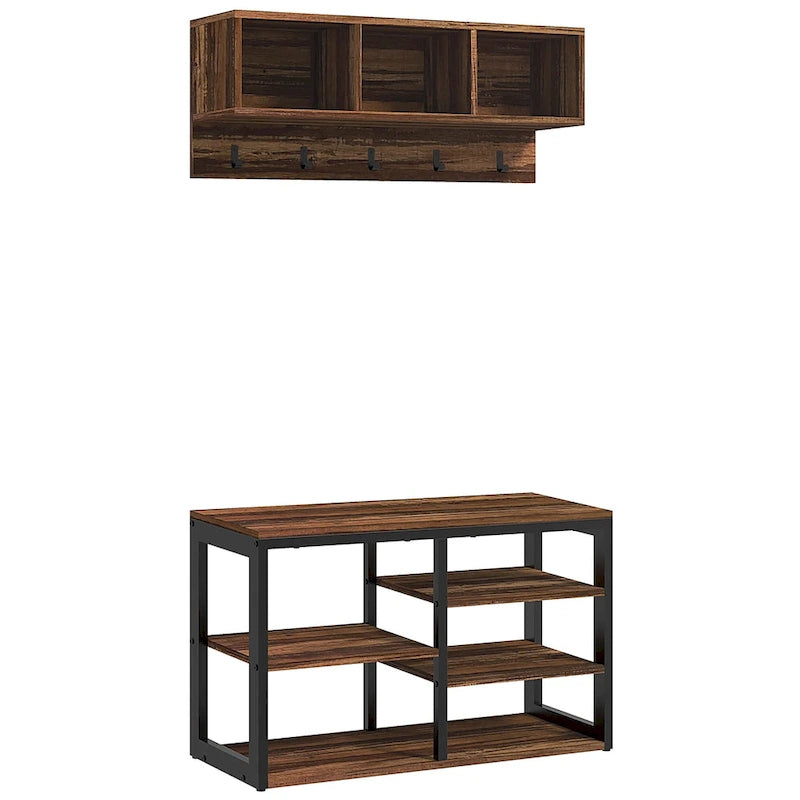 HOMCOM Ensemble Meuble d'entrée 2-en-1 Portemanteau et Banc à Chaussures, Portemanteau sur Pied avec 5 Crochets, Banc et Rangement pour Chaussures