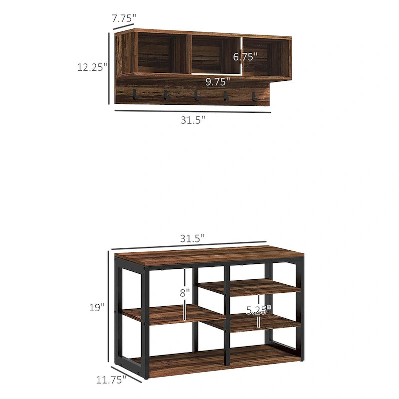 HOMCOM Ensemble Meuble d'entrée 2-en-1 Portemanteau et Banc à Chaussures, Portemanteau sur Pied avec 5 Crochets, Banc et Rangement pour Chaussures