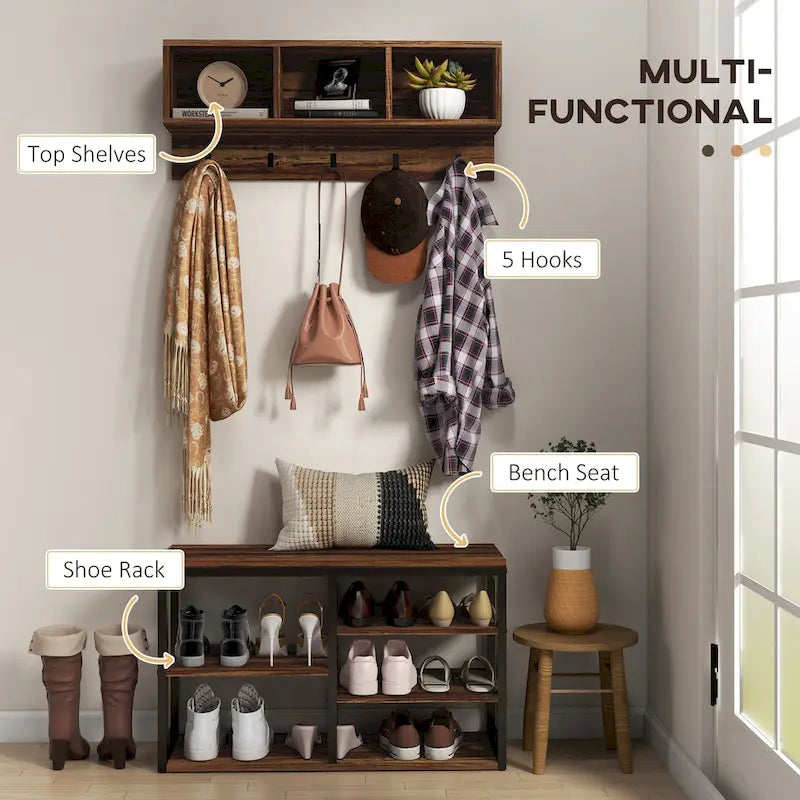 HOMCOM Ensemble Meuble d'entrée 2-en-1 Portemanteau et Banc à Chaussures, Portemanteau sur Pied avec 5 Crochets, Banc et Rangement pour Chaussures