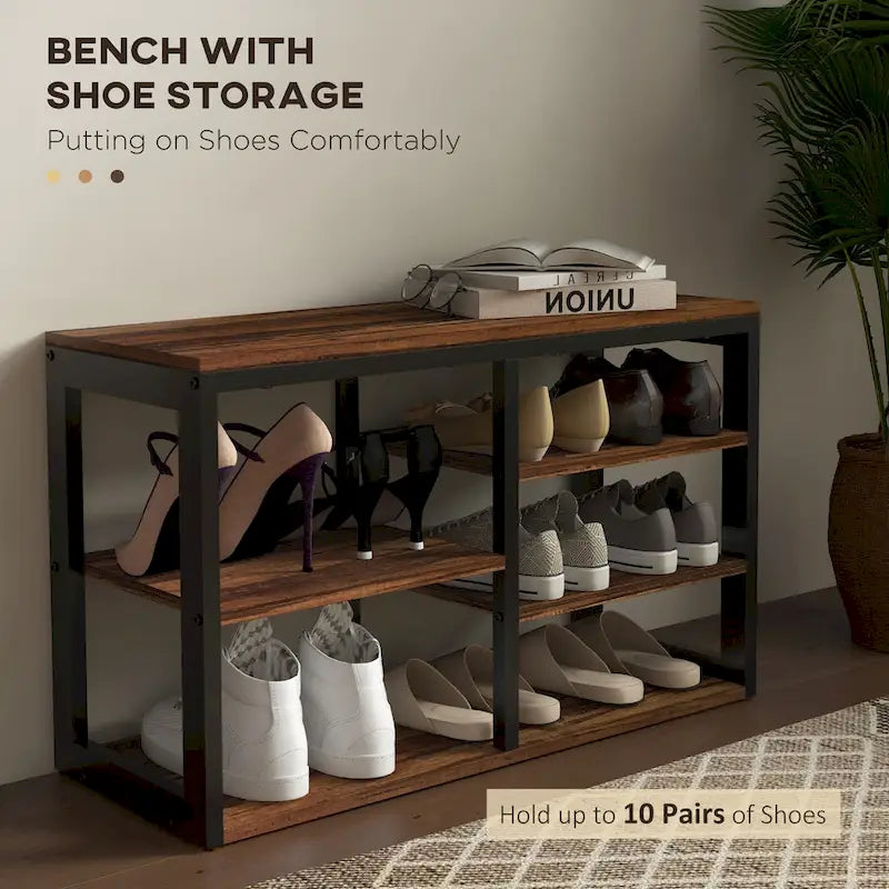 HOMCOM Ensemble Meuble d'entrée 2-en-1 Portemanteau et Banc à Chaussures, Portemanteau sur Pied avec 5 Crochets, Banc et Rangement pour Chaussures