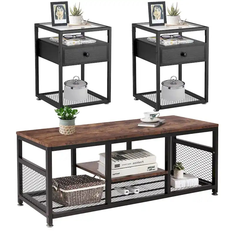 Lot de 3 tables basses modernes Taomika avec étagères de rangement, marron/noir