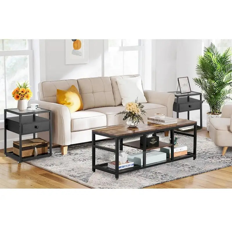 Lot de 3 tables basses modernes Taomika avec étagères de rangement, marron/noir