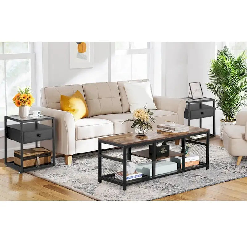 Lot de 3 tables basses modernes Taomika avec étagères de rangement, marron/noir
