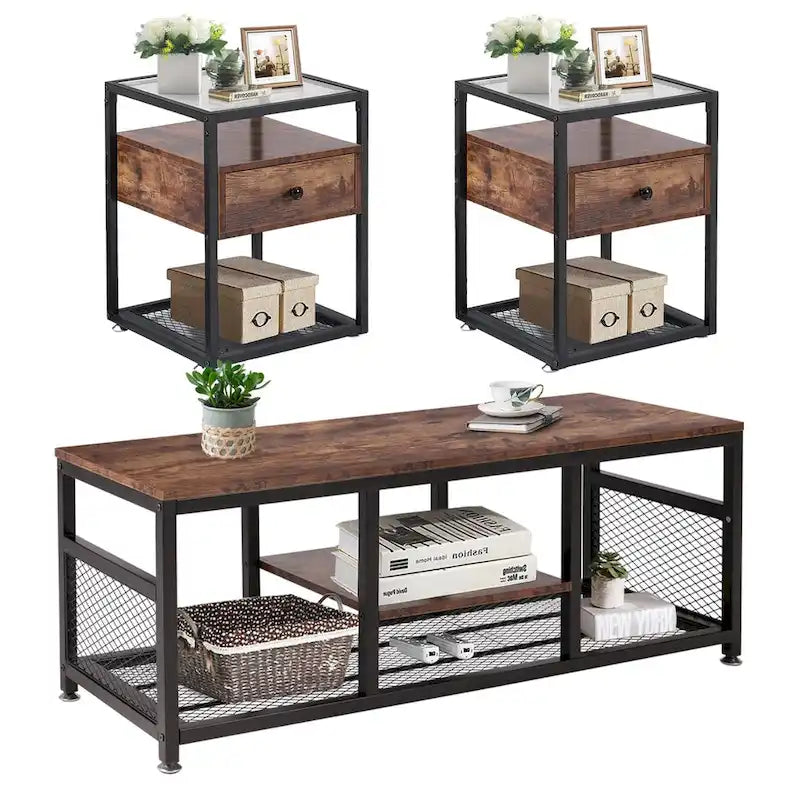 Lot de 3 tables basses modernes Taomika avec étagères de rangement, marron/noir