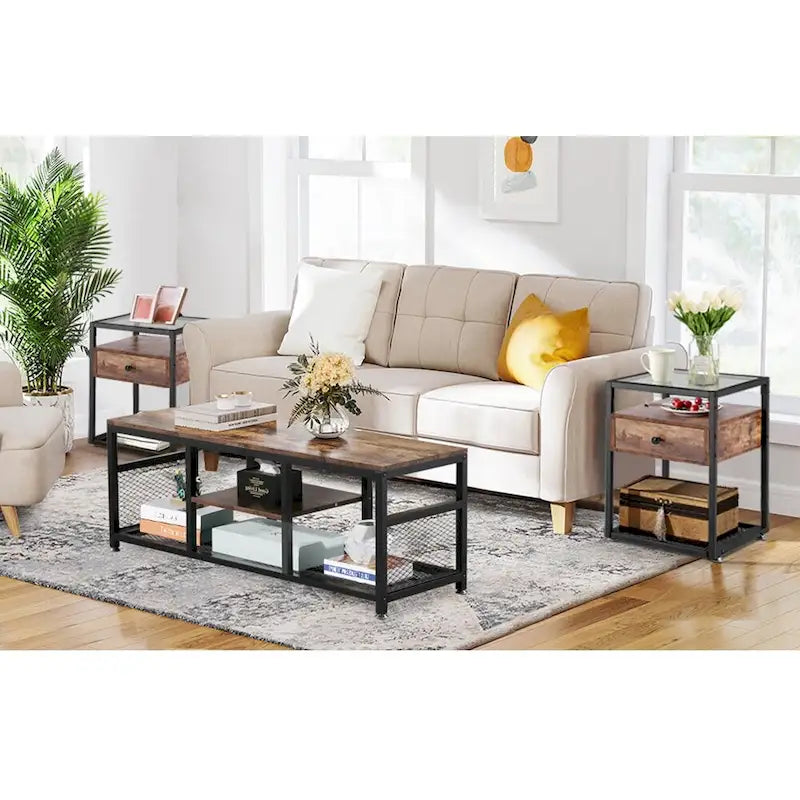 Lot de 3 tables basses modernes Taomika avec étagères de rangement, marron/noir