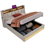 Lit plateforme rembourré Queen/Full avec système de rangement hydraulique, LED et chargement USB