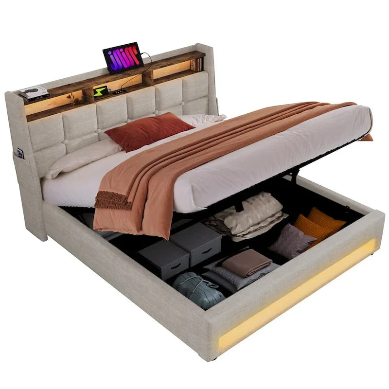 Lit plateforme rembourré Queen/Full avec système de rangement hydraulique, LED et chargement USB