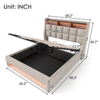 Lit plateforme rembourré Queen/Full avec système de rangement hydraulique, LED et chargement USB