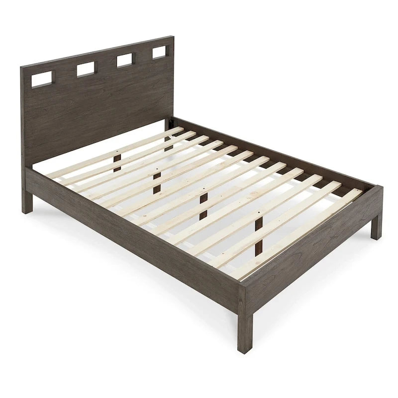 Lit Queen Yee, bois gris, 4 tiroirs latéraux, tête de lit ajourée
