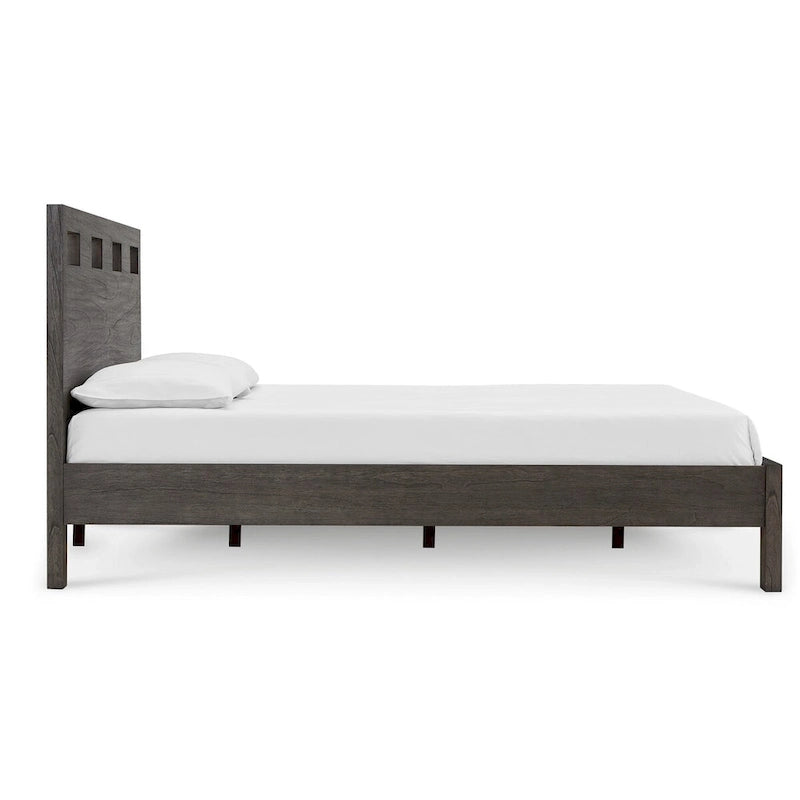Lit Queen Yee, bois gris, 4 tiroirs latéraux, tête de lit ajourée