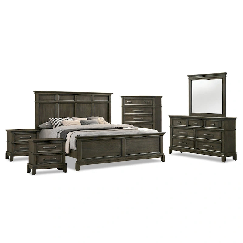  Evva Traditional Grey Wood 6-Piece Panel Bedroom Set